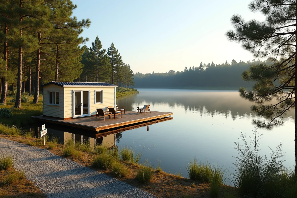 Parcelle de terrain avec mobil-home à vendre en bord de lac en Vendée avec ponton en bois