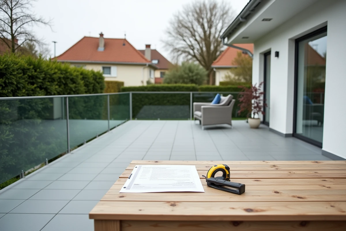 Terrasse moderne en béton et composite avec documents d'évaluation fiscale posés sur une table de jardin, représentant les critères administratifs de la taxe foncière
