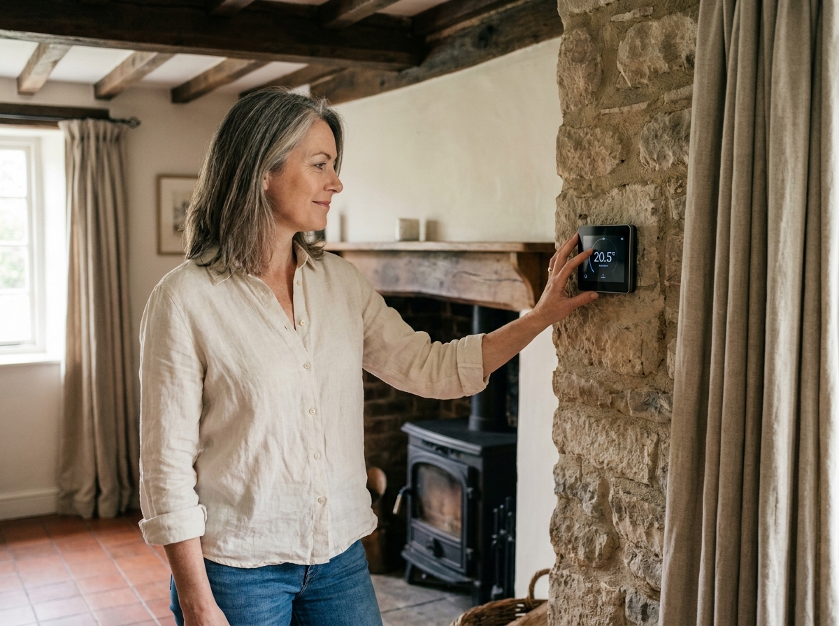 Femme utilisant un thermostat connecté intégré à une maison ancienne rénovée avec une pompe à chaleur
