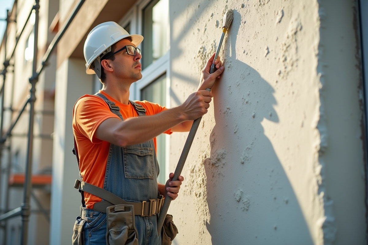 ouvrier appliquant du plâtre sur une façade en chantier