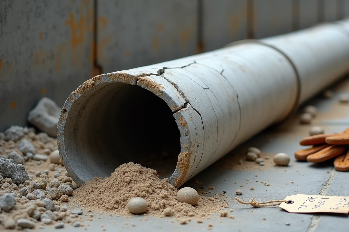 Section de tuyau en fibrociment vétuste présentant des fissures et détérioration