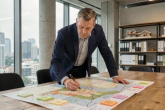 Urbaniste analysant des cartes foncières sur une table dans un bureau immobilier moderne