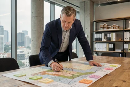 Urbaniste analysant des cartes foncières sur une table dans un bureau immobilier moderne