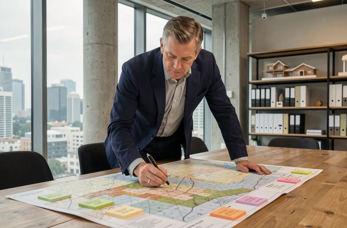 Urbaniste analysant des cartes foncières sur une table dans un bureau immobilier moderne