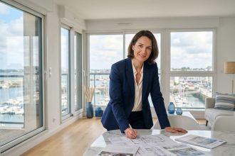Femme consultante immobilière présentant des documents de vente dans un appartement moderne à Lorient