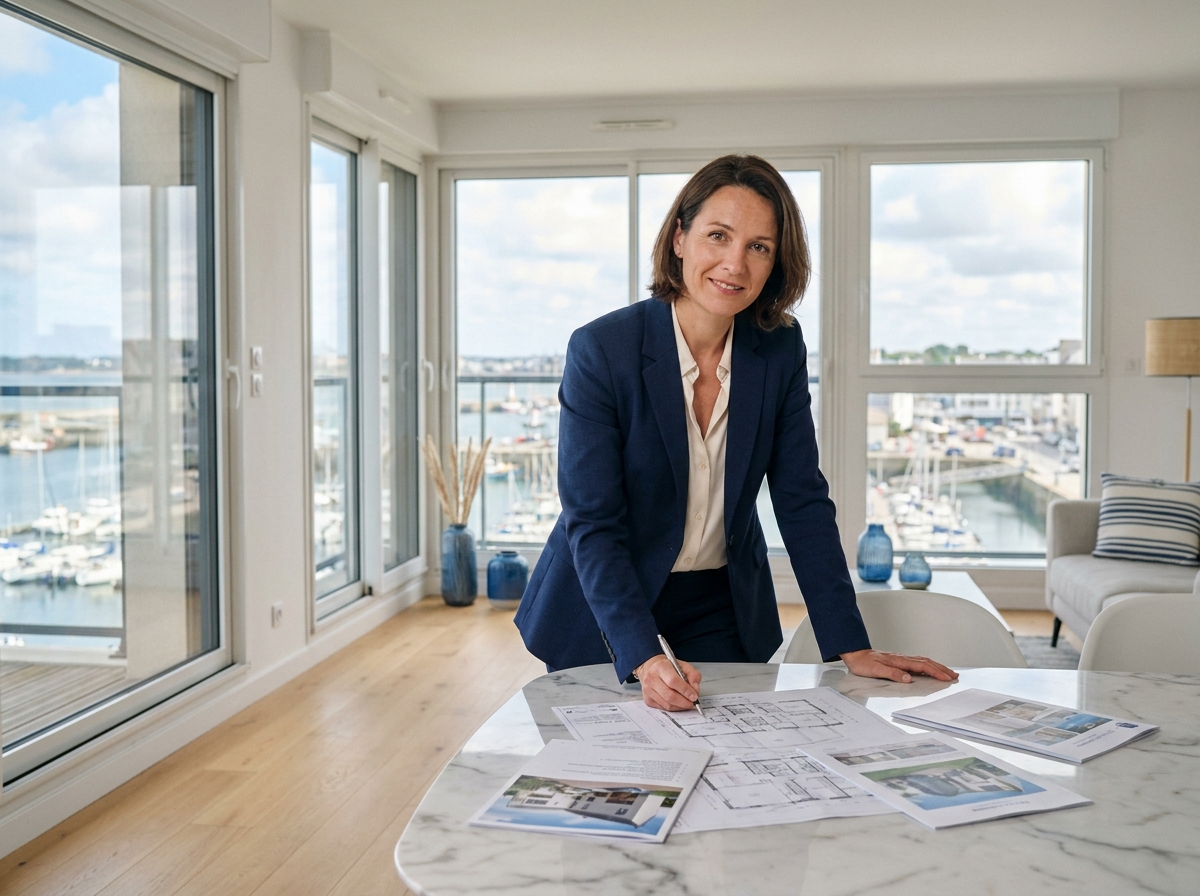 Femme consultante immobilière présentant des documents de vente dans un appartement moderne à Lorient