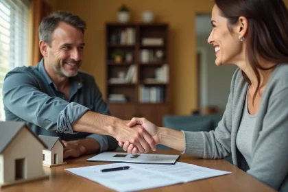 Deux particuliers se serrant la main lors d'une transaction immobilière entre vendeur et acheteur, avec des documents de vente sur la table