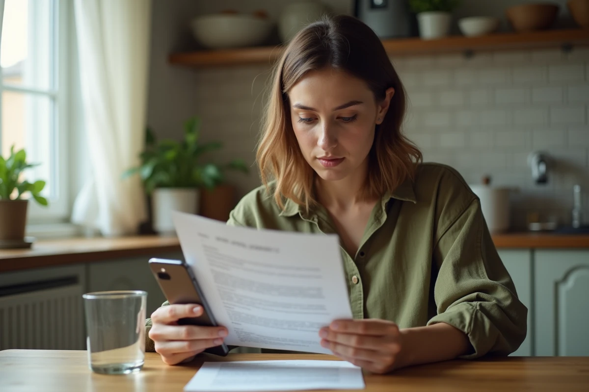 Jeune femme comparant un courrier officiel et son smartphone pour comprendre ses démarches administratives