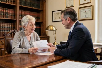 Une femme âgée et un notaire examinent un contrat de viager dans un bureau notarial traditionnel