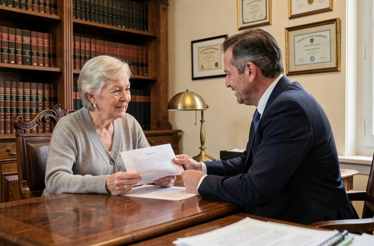 Une femme âgée et un notaire examinent un contrat de viager dans un bureau notarial traditionnel