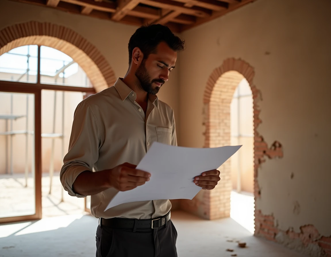 Architecte analysant les plans de rénovation d'une villa à rénover à Marrakech avec murs en briques apparentes