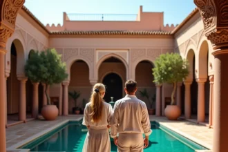 Couple découvrant une villa clé en main rénovée à Marrakech avec cour intérieure en zellige et fontaine traditionnelle