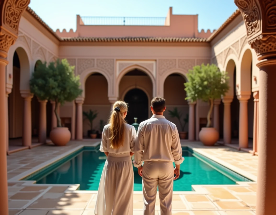 Couple découvrant une villa clé en main rénovée à Marrakech avec cour intérieure en zellige et fontaine traditionnelle