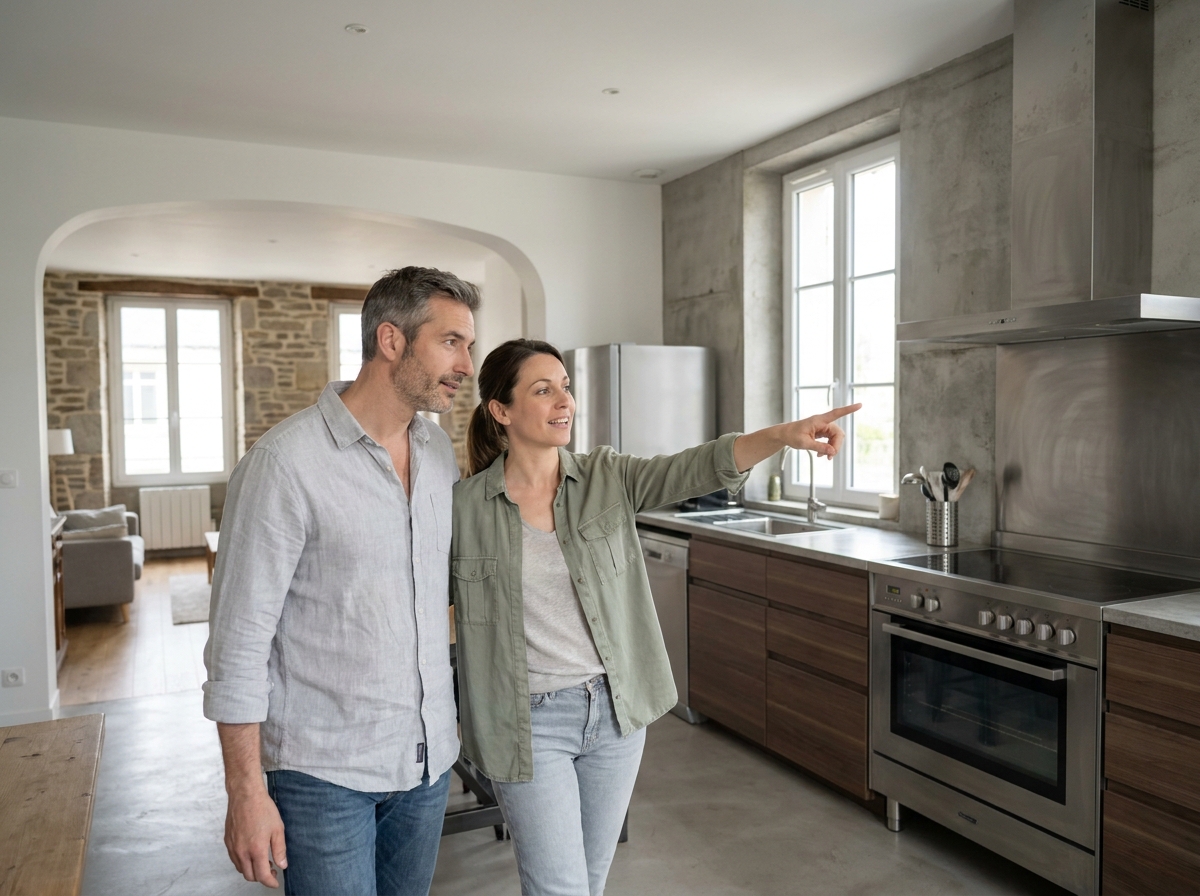 Couple visitant un appartement rénové à Lorient avant un potentiel achat immobilier