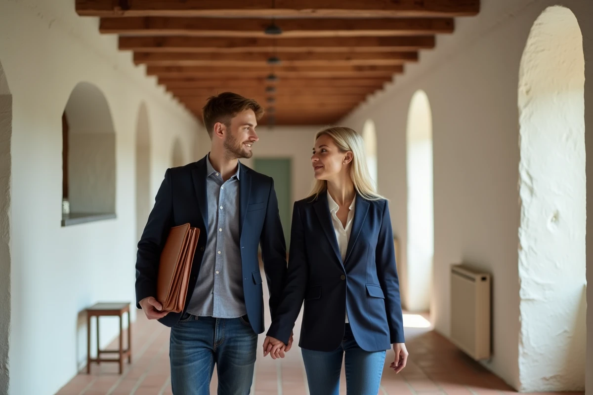 Agent immobilier faisant visiter une maison traditionnelle bretonne à un acheteur potentiel