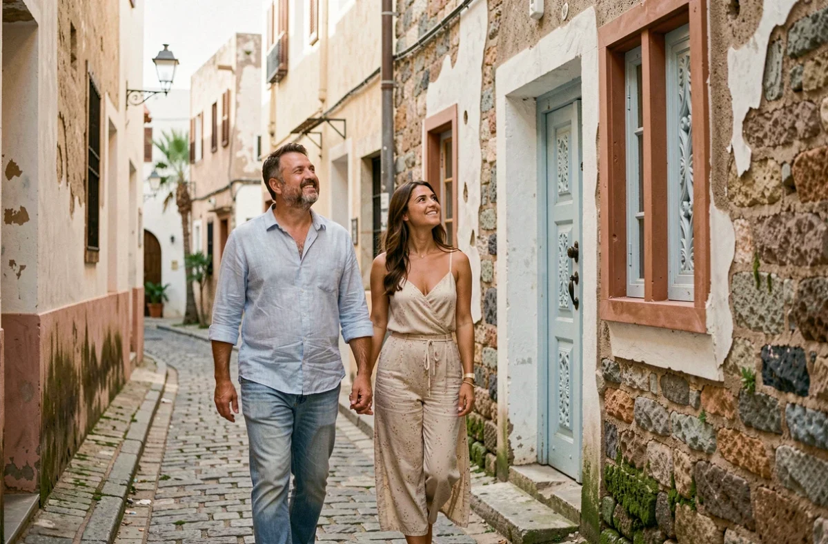 Agent immobilier présentant un riad à louer dans la médina d'Essaouira à un couple de locataires