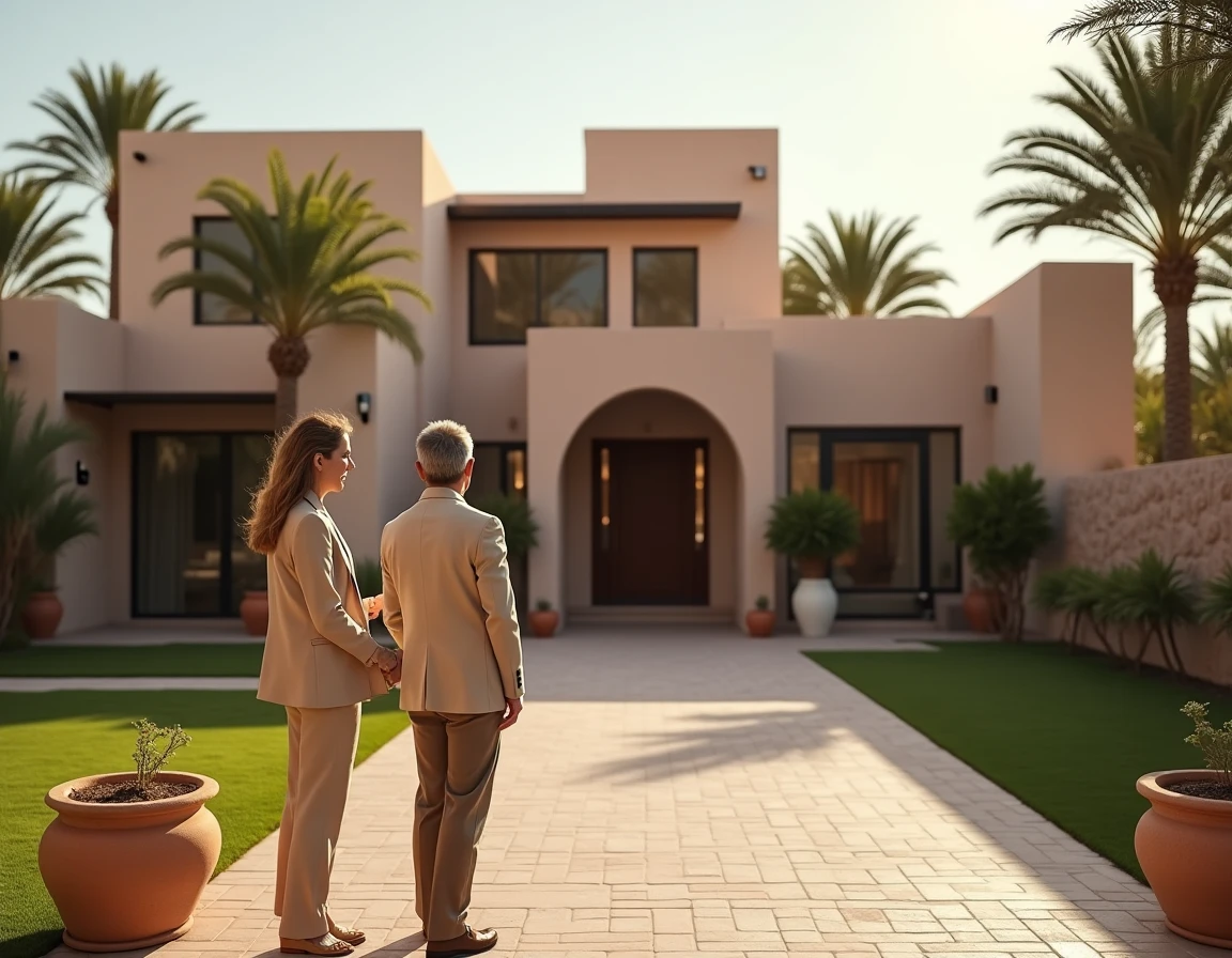 Agent immobilier présentant une villa de luxe clé en main à des acheteurs devant la façade moderne à Marrakech