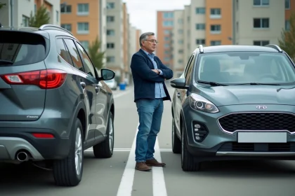 Homme examine un espace de stationnement étroit entre deux voitures