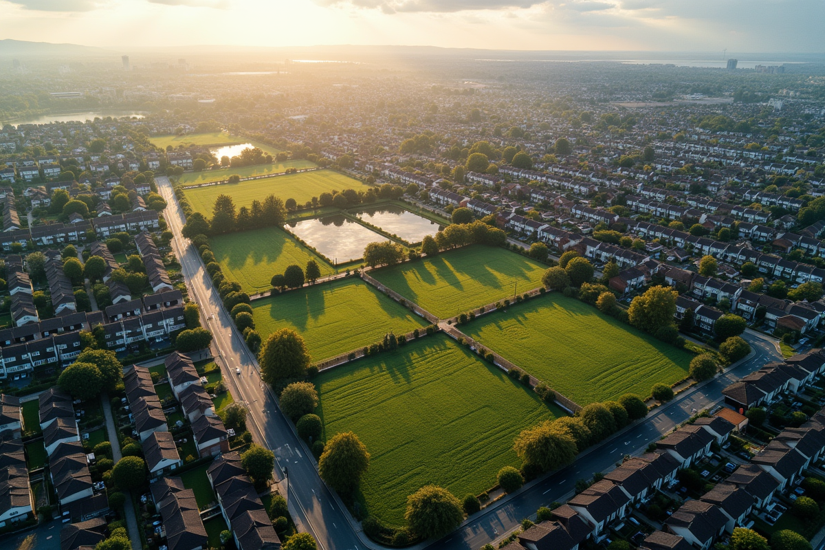 Vue aérienne contrastant zones résidentielles et terrains non aménagés